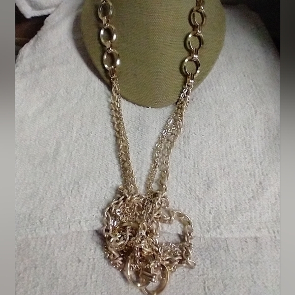 Goldtone circles long chain statement runway necklace - Picture 2 of 3